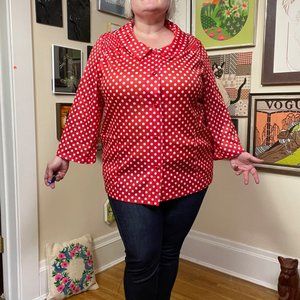 70s Red and White Polka Dot Peter Pan Collar Button Front Shirt Shacket Size 2X.